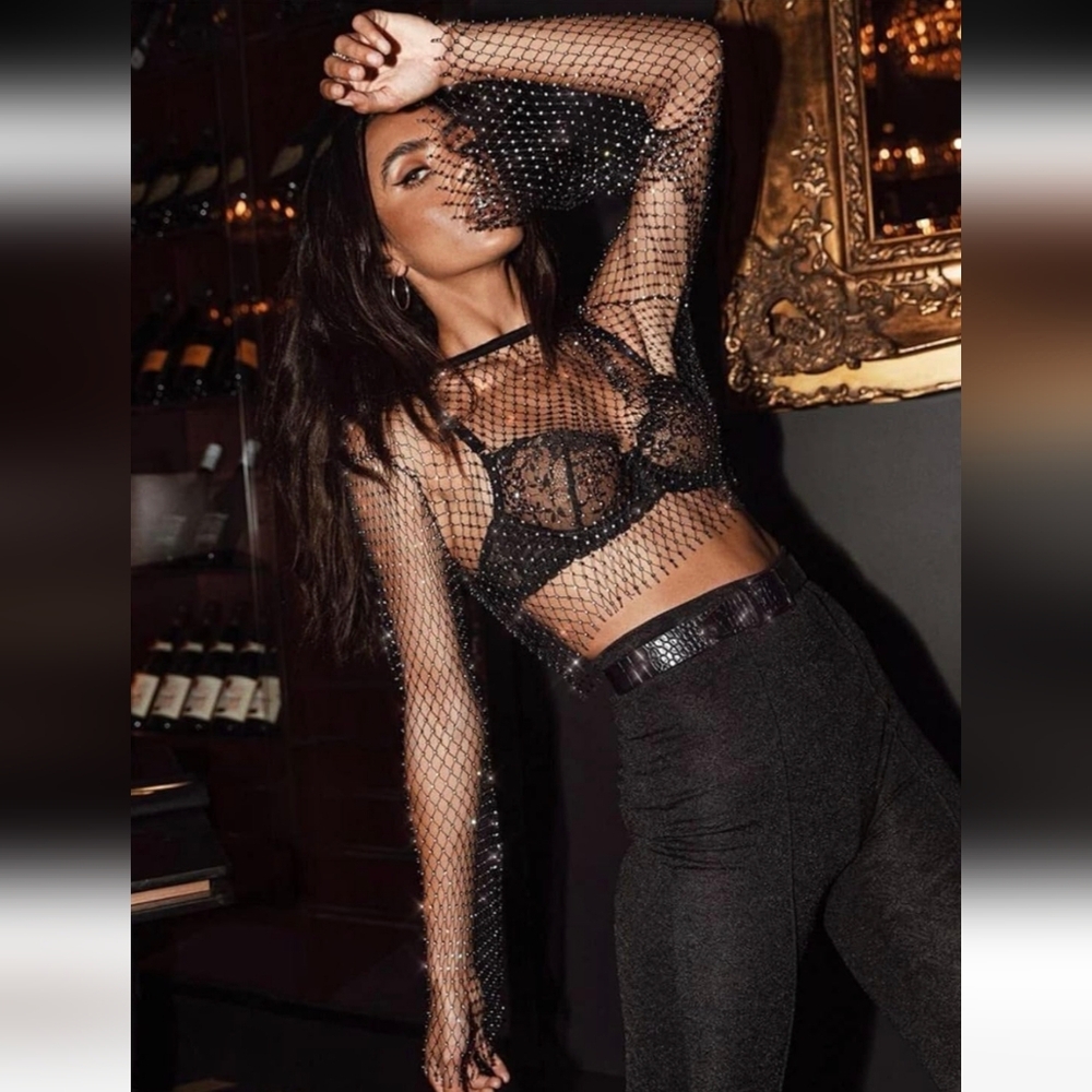 Coloch Black Mesh Rhinestones Body Chain, Sexy Long Sleeve Crop Top.